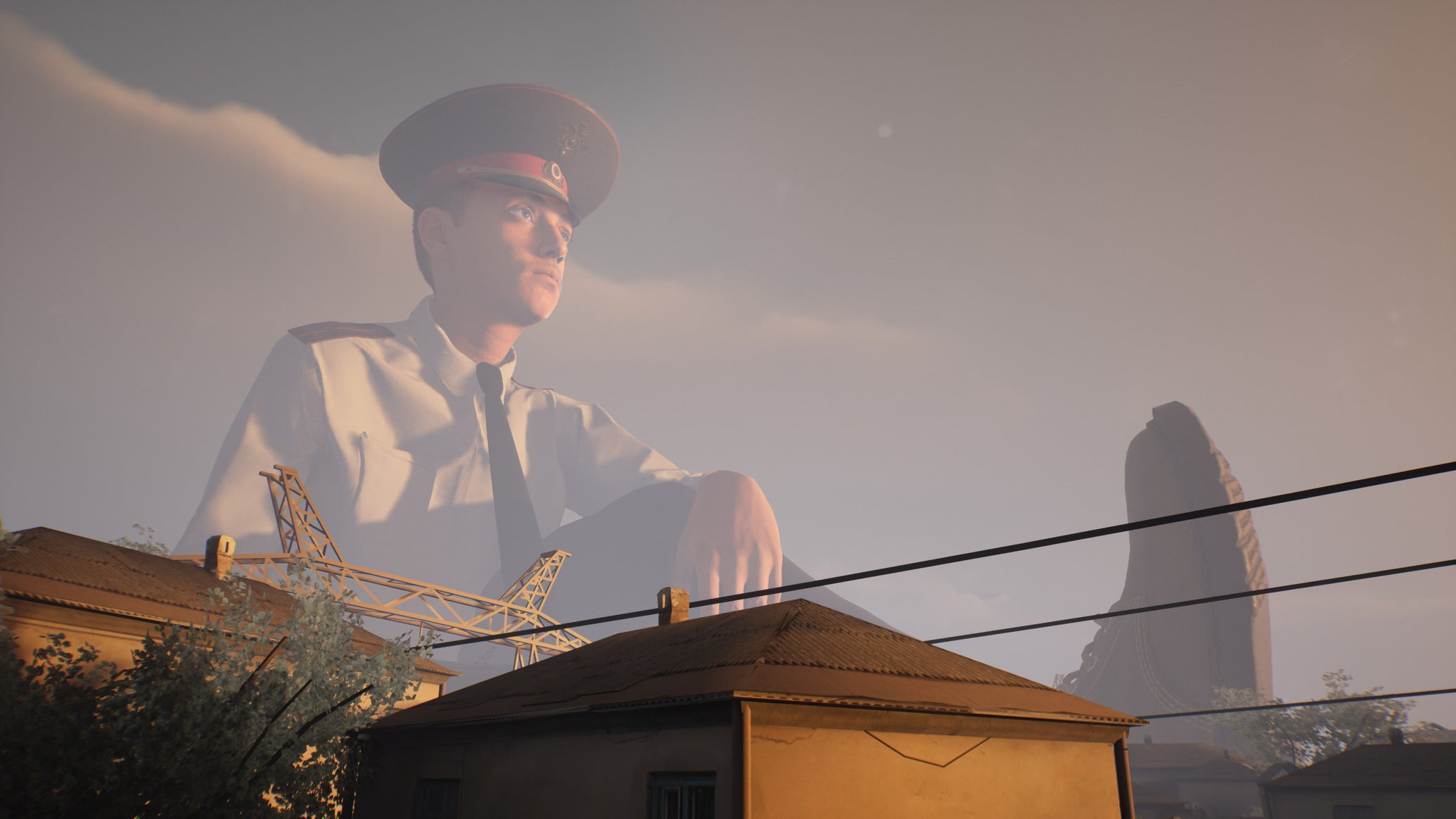 A giant policeman looms over a town in a Militsioner screenshot. - 1