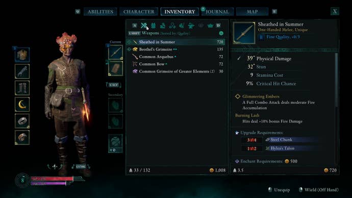 The menu screen in Avowed, showing off an Envoy dressed in leather armour with a striking array of fungi and other plats forming a crest atop her head. Her gear includes a dagger, two grimoires, a bow, and an arquebus.