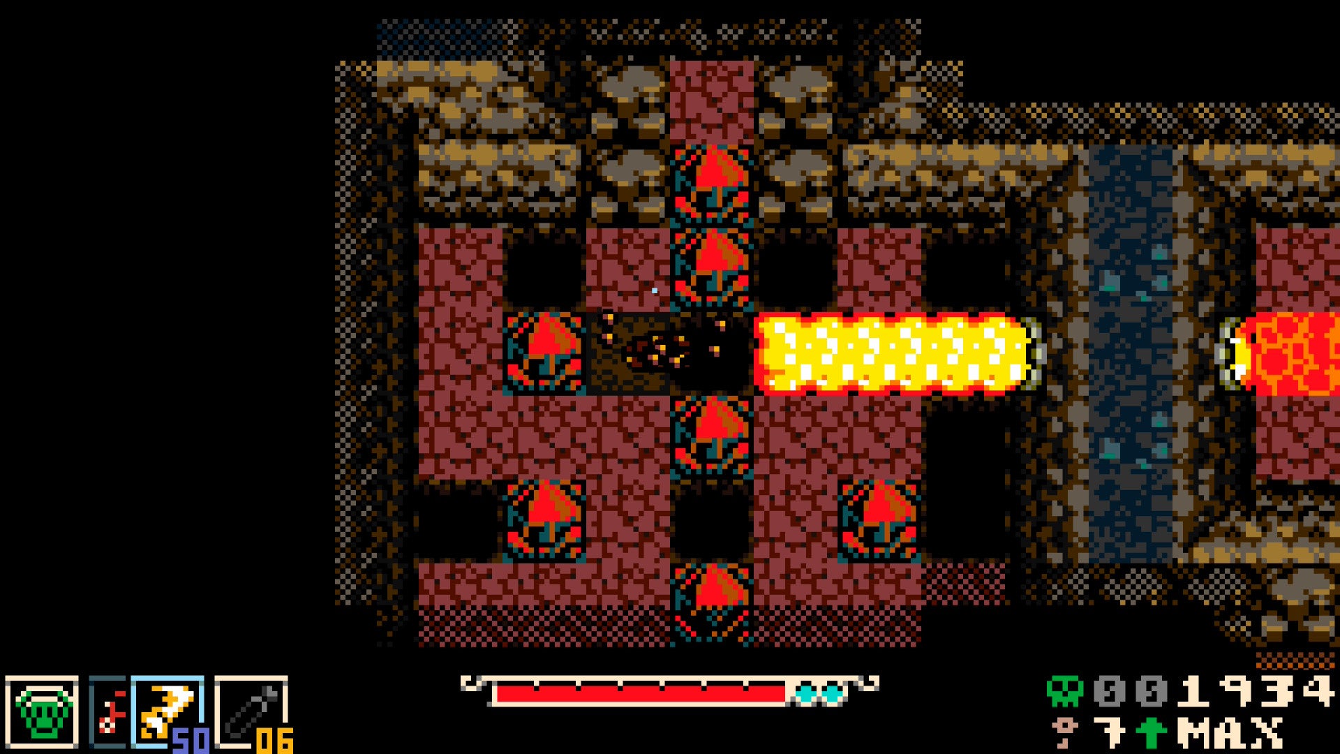 Mina the Hollower screenshot in 8-bit style showing exploration through a red-hued dungeon with lava river
