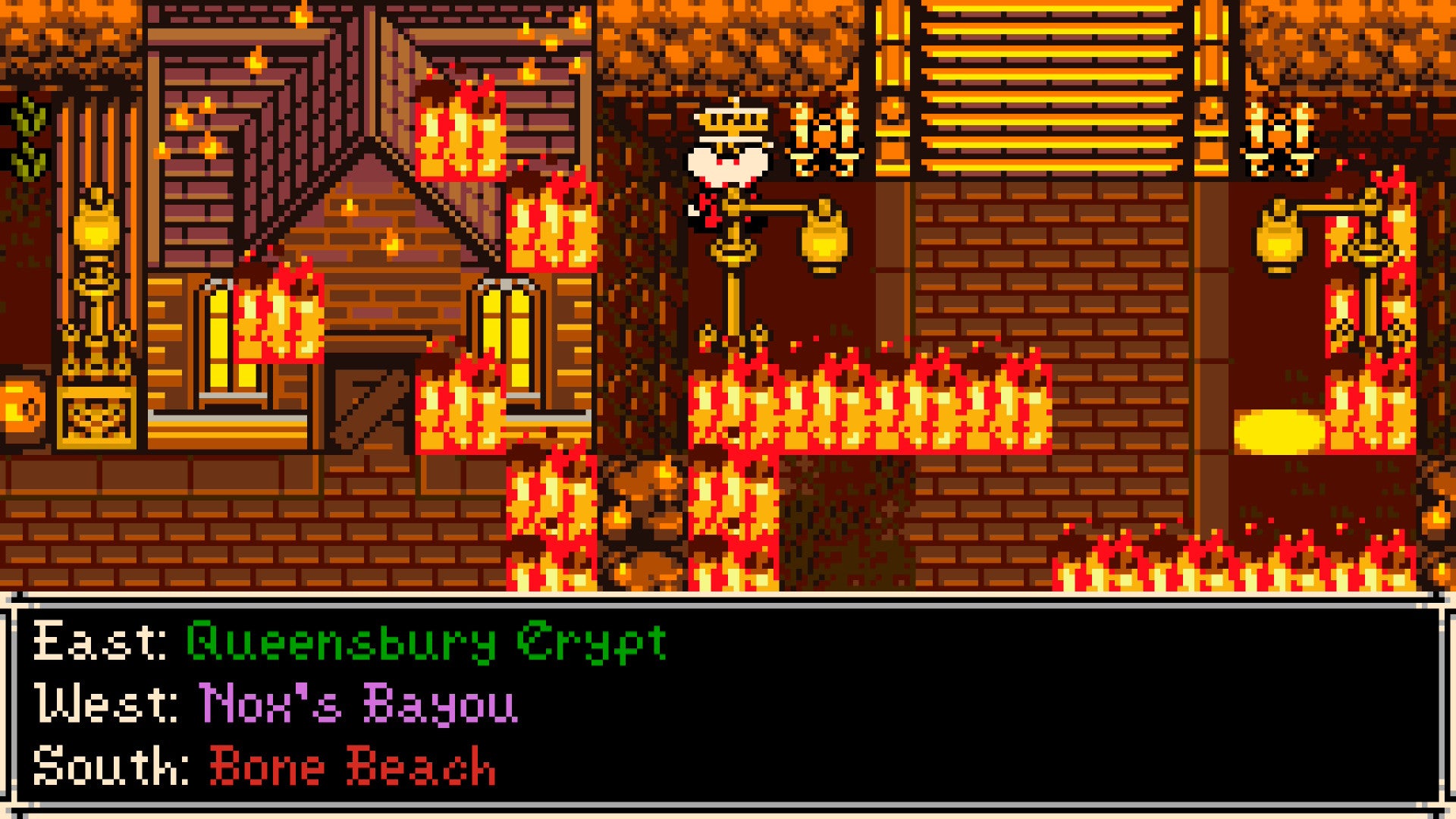 Mina the Hollower screenshot in 8-bit style showing a crypt on fire