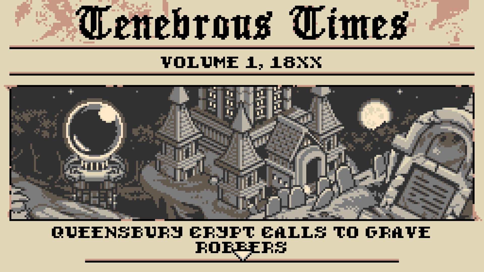 Mina the Hollower screenshot in 8-bit style showing a newspaper clipping of the Tenebrous Times