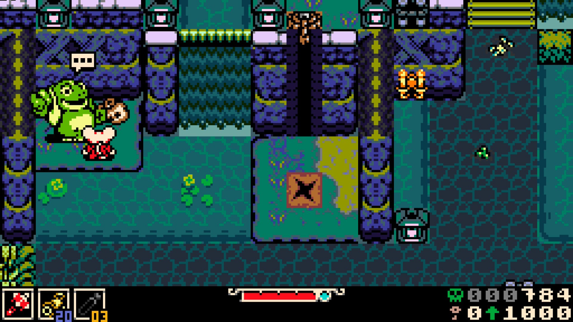 Mina the Hollower screenshot in 8-bit style showing exploration around a grassy green-blue area