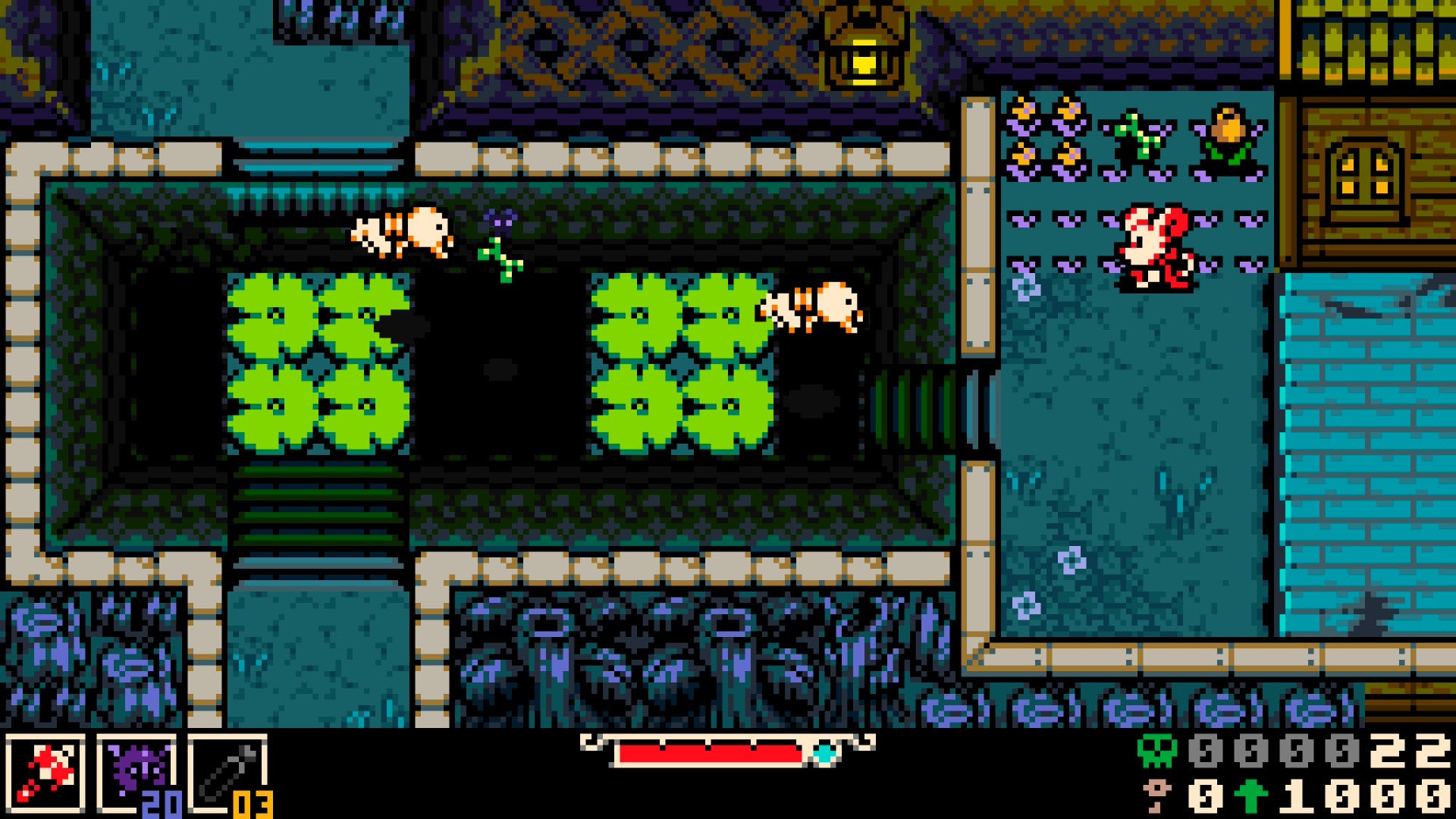 Mina the Hollower screenshot in 8-bit style showing exploration across lilly pads