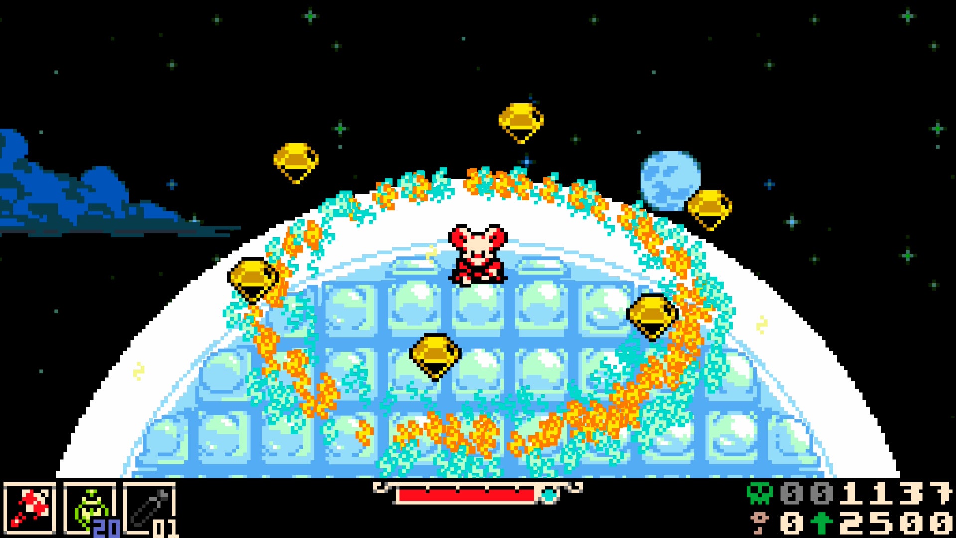 Mina the Hollower screenshot in 8-bit style showing combat in a golden circle on a sphere of ice amongst the starry night
