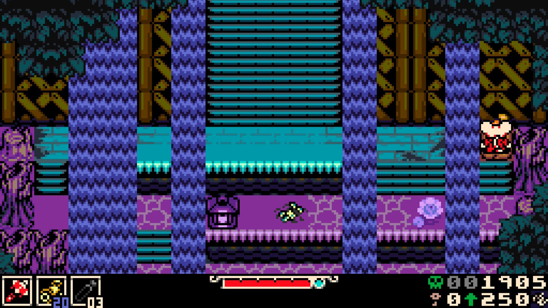 Mina the Hollower screenshot in 8-bit style showing purple waterfalls and bubbling rivers