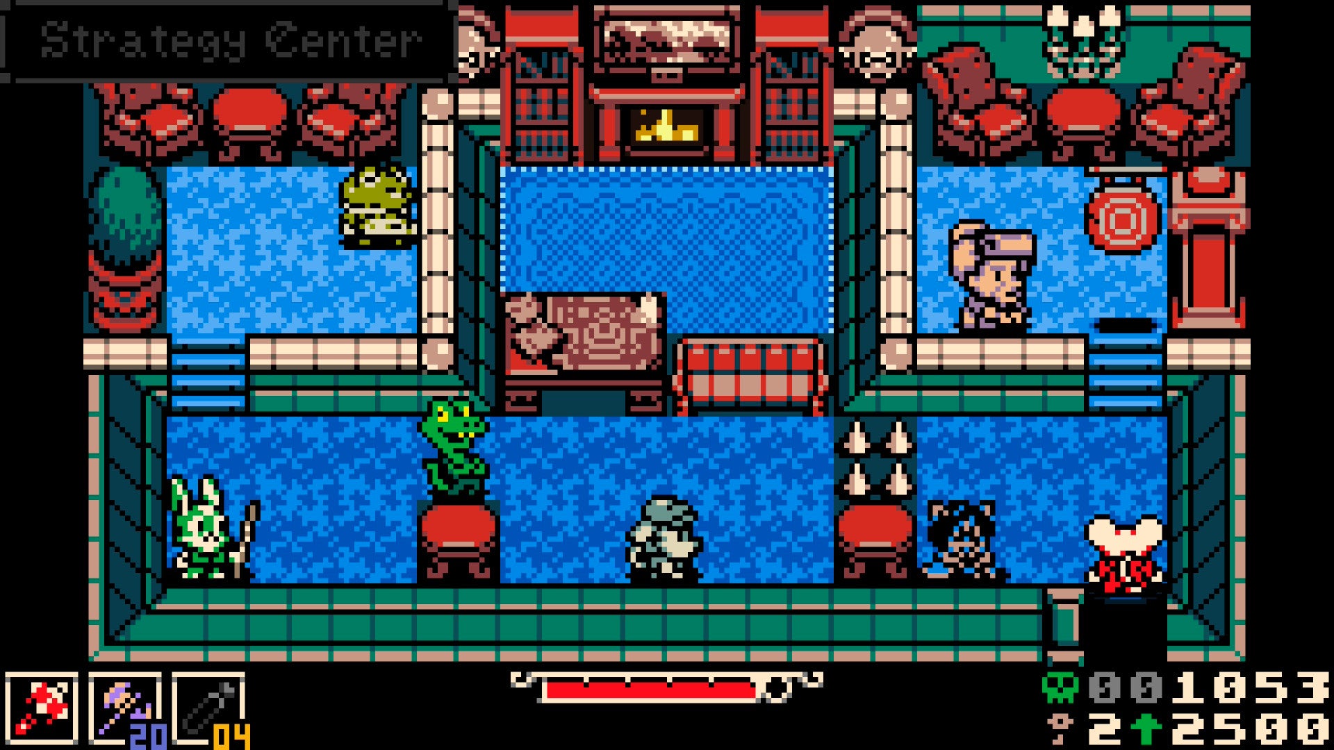 Mina the Hollower screenshot in 8-bit style showing exploration inside a building with a few rooms