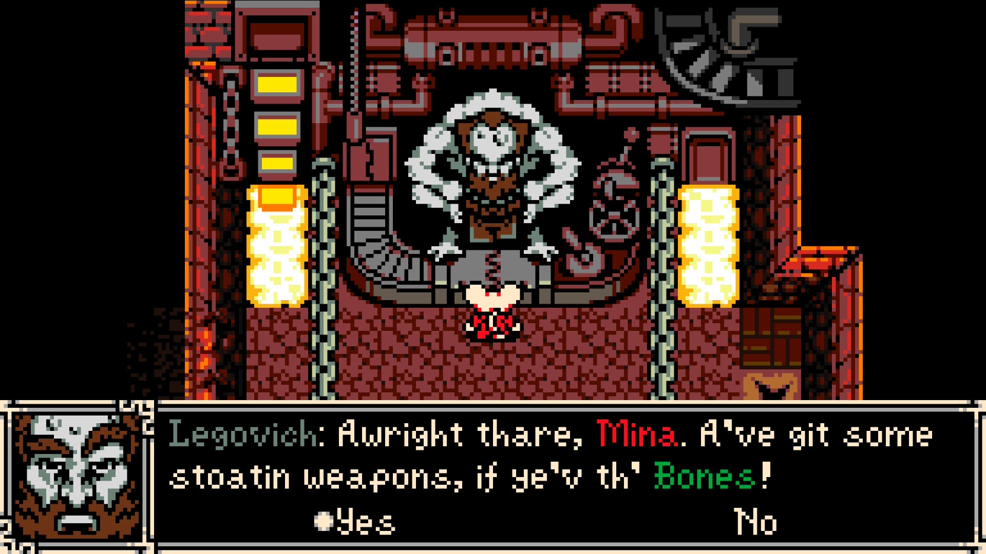 Mina the Hollower screenshot in 8-bit style showing conversation with a bearded monstrous entity called Legovich