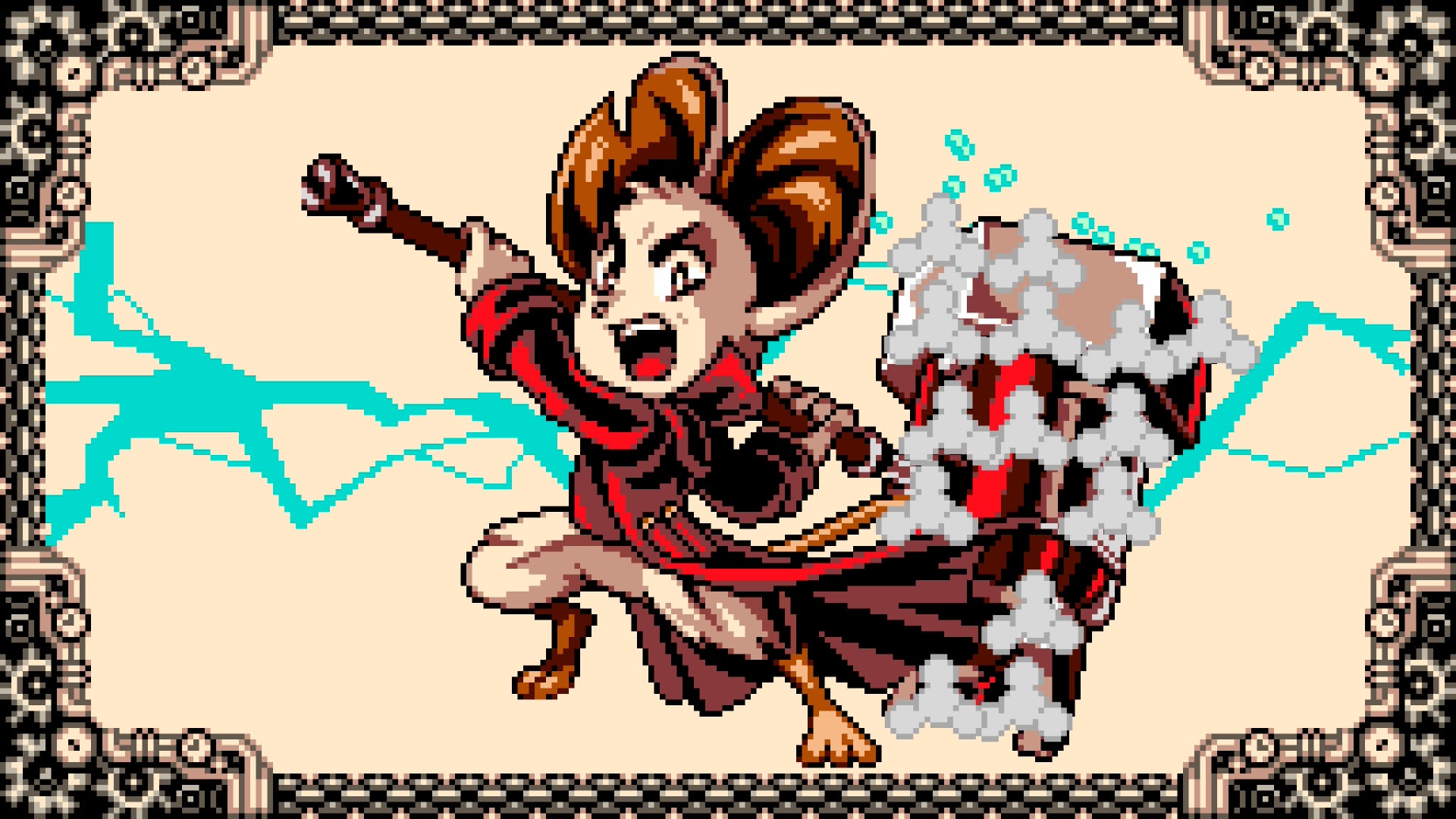 Mina the Hollower screenshot in 8-bit style showing a title card of Mina, a mouse-like creature with a massive hammer, looking fierce