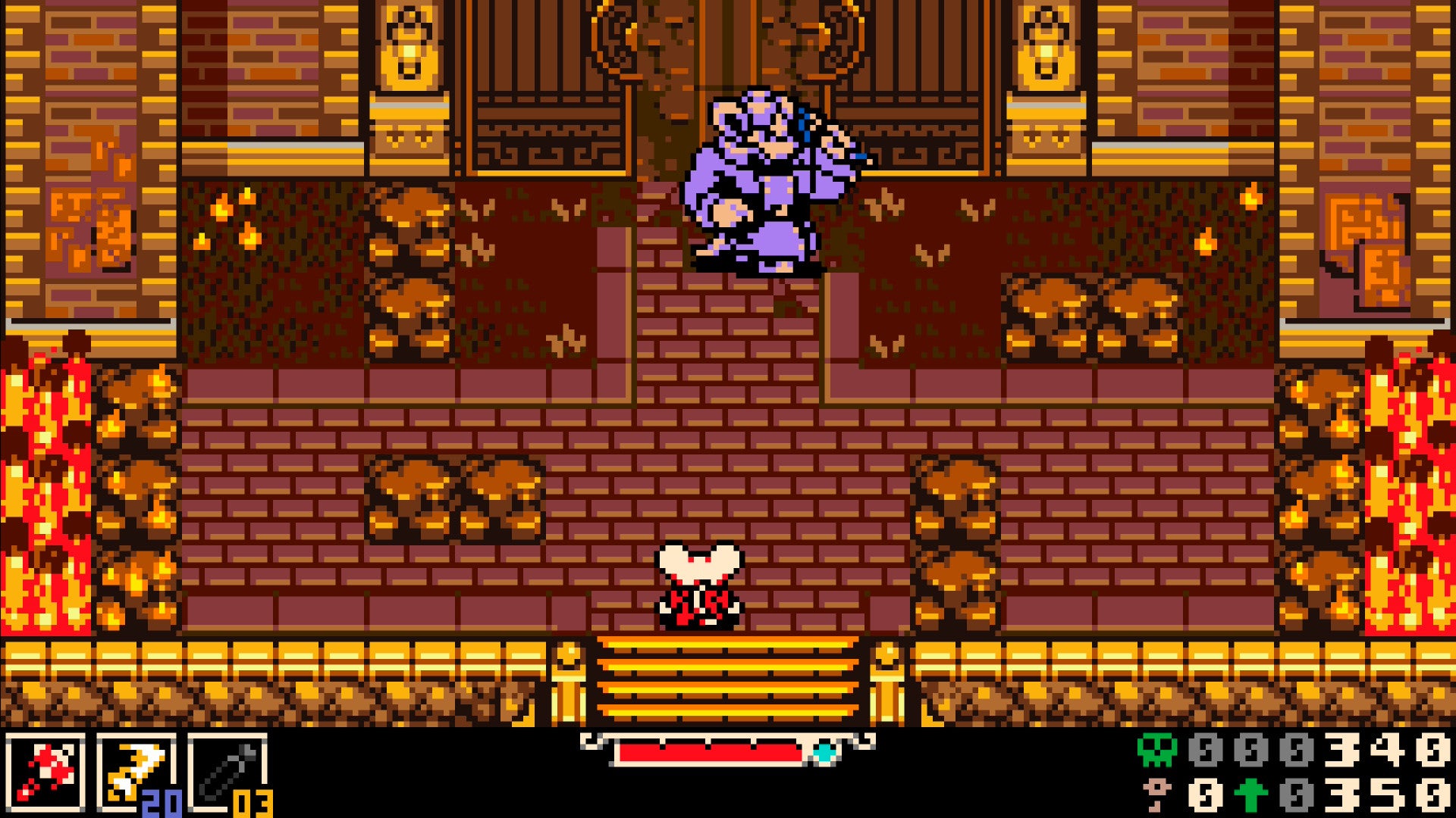 Mina the Hollower screenshot showing, in 8-bit style, you approaching a large character in purple robe, in a fire-themed building