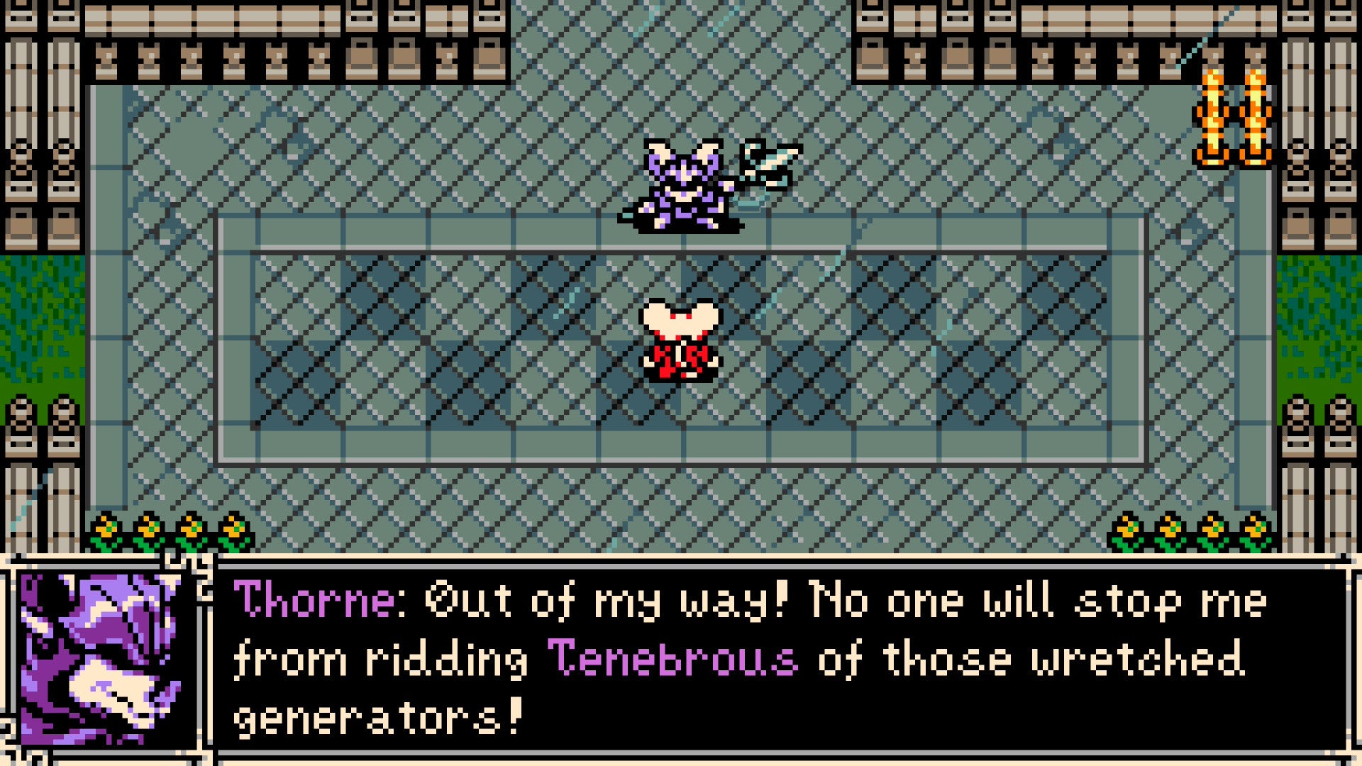 Mina the Hollower screenshot showing, in 8-bit style, you facing off against a purple boss
