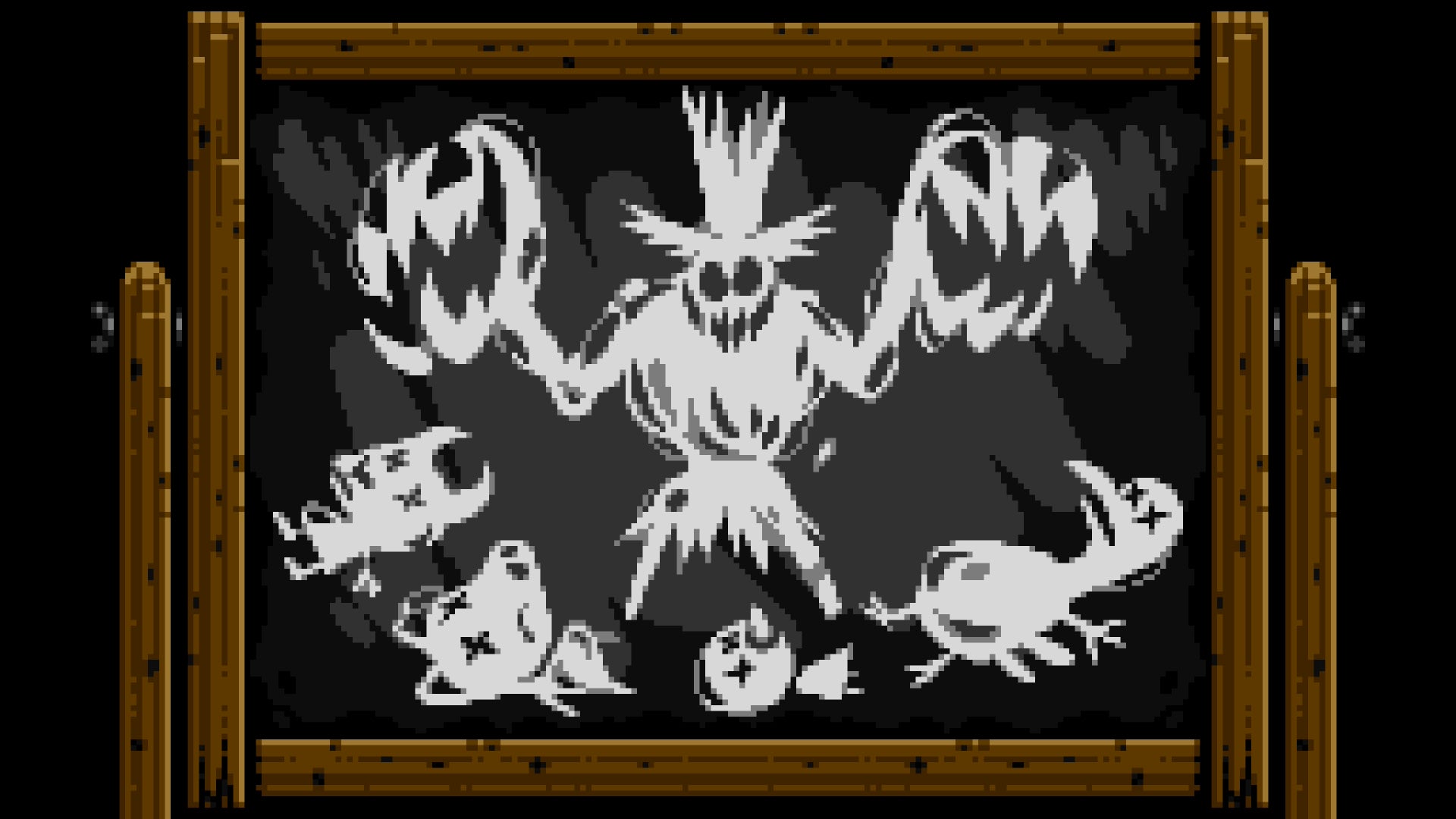 Mina the Hollower screenshot showing, in 8-bit style, a drawing on a chalk board of a scary creature in a top hat