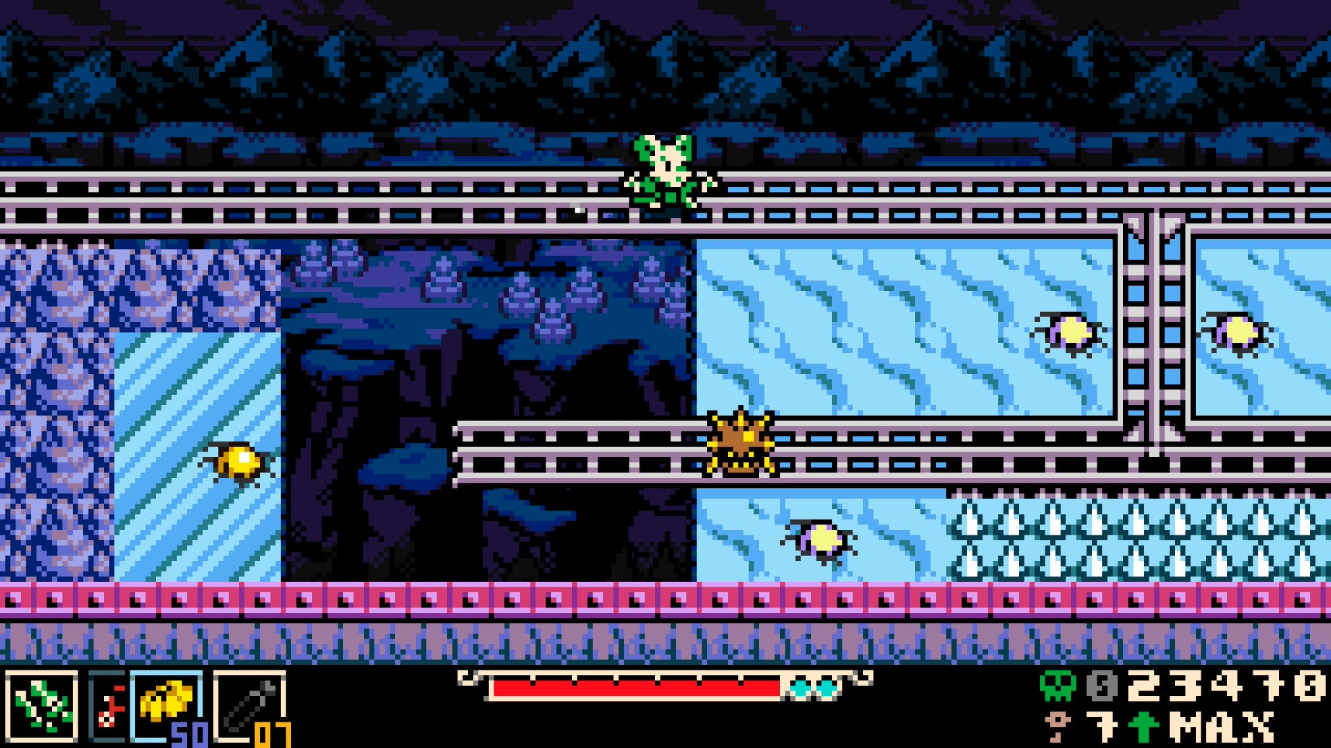 Mina the Hollower screenshot showing, in 8-bit style, an icy area with train tracks running through