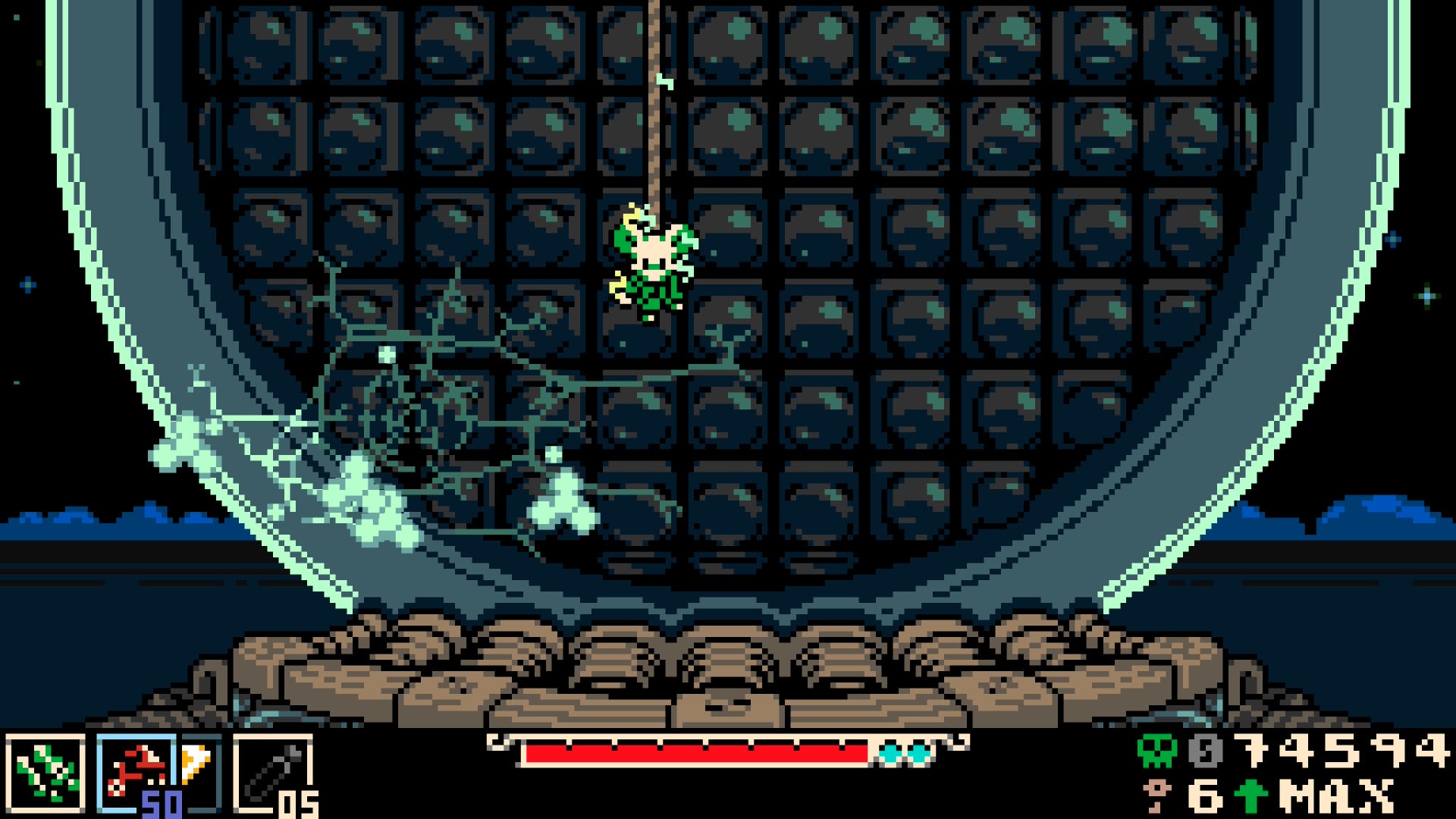 Mina the Hollower screenshot showing, in 8-bit style, a spider descending from above