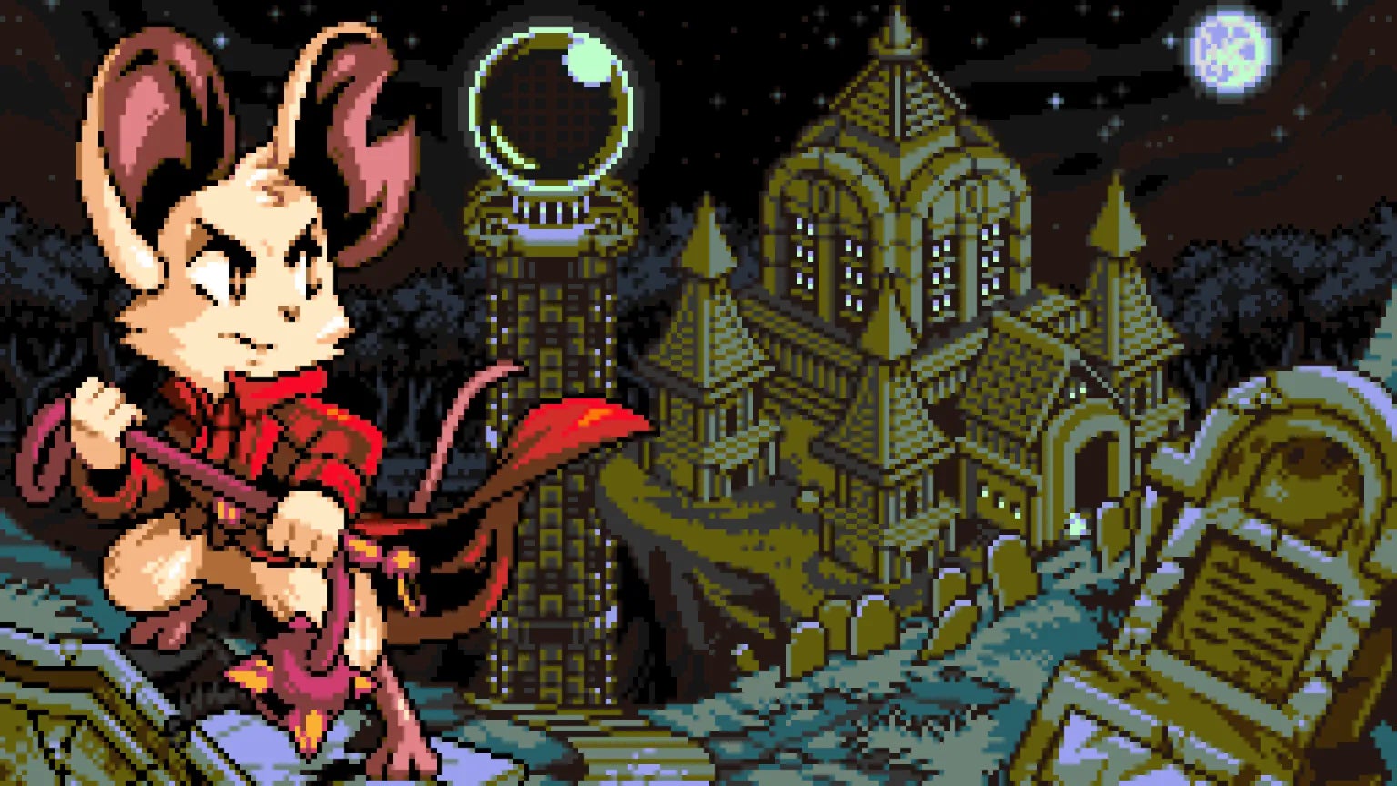 Mina the Hollower official image showing a cartoon mouse to the left, looking determinedly out towards a pizel-art fantasy castle under moonlight to the right
