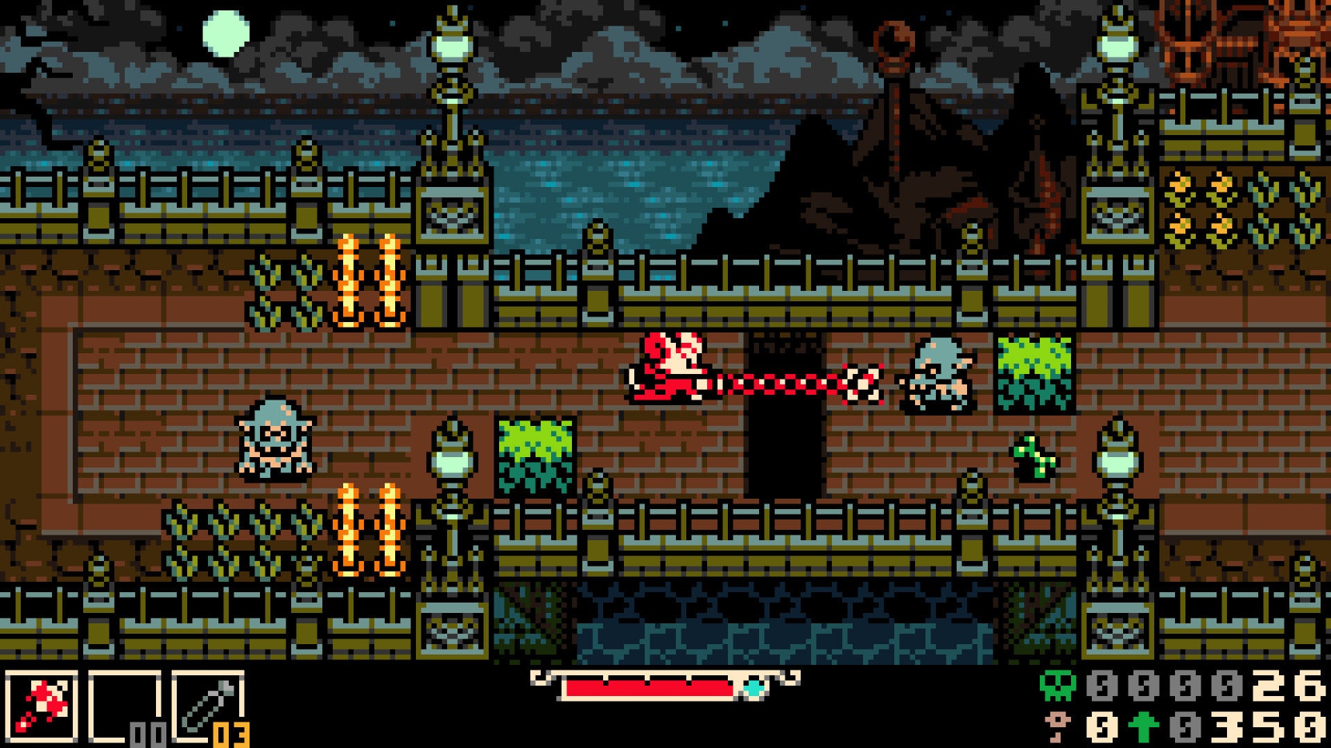 A pixel art mouse is throwing some kind of metal chain at a ghoulish enemy on a gothic bridge in Mina the Hollower. - 1