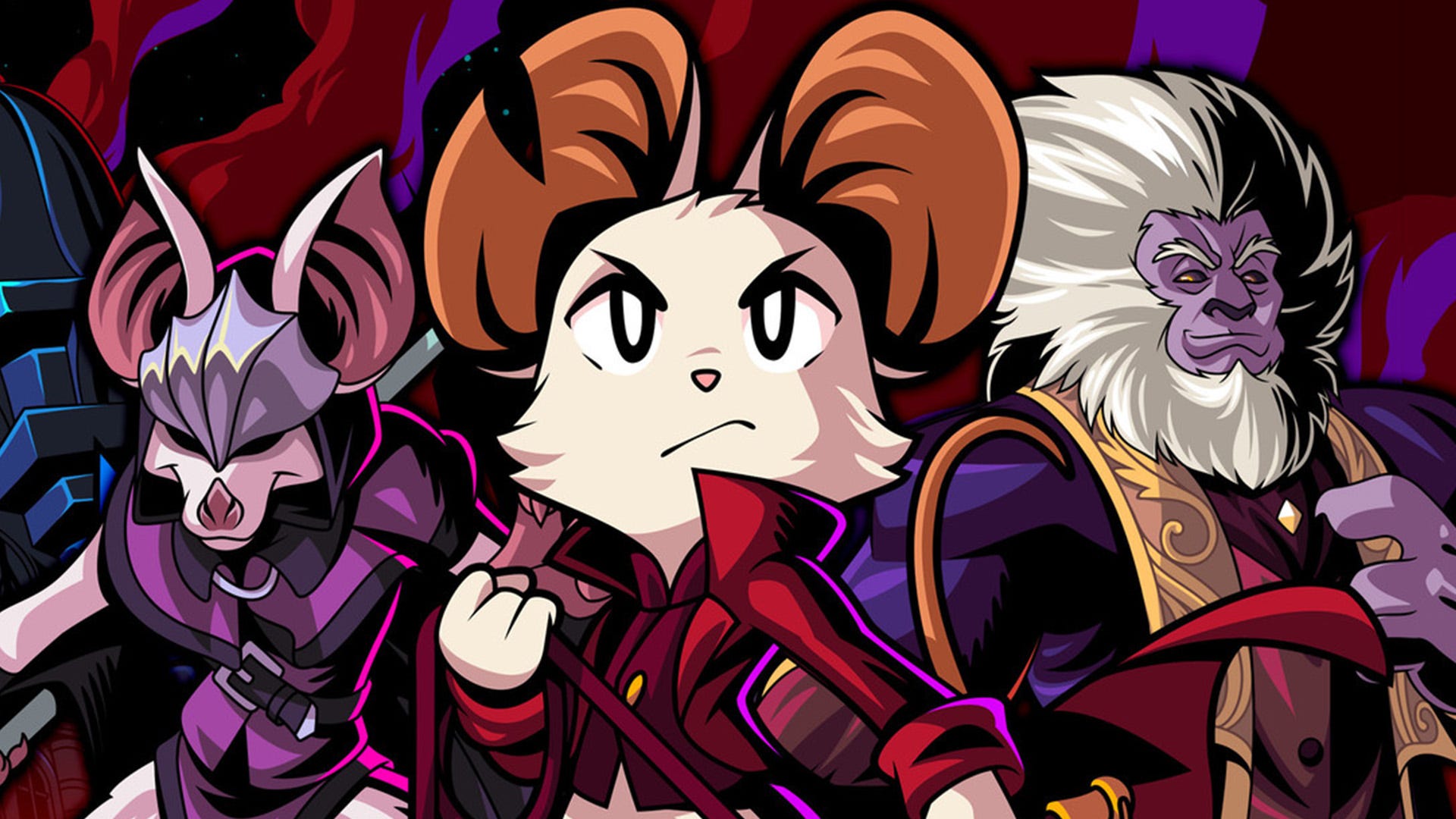 An anthropomorphic rodent  successful  a gothic outfit is holding a whip, different   anthropomorphic, somewhat  evil looking animals down  them successful  cardinal  creation  for Mina the Hollower.