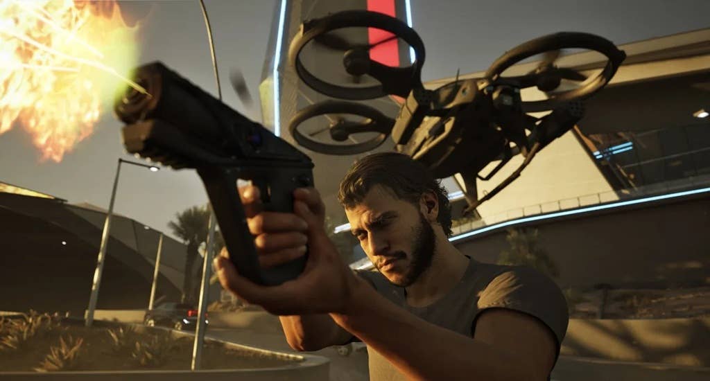 MindsEye official image showing the protagonist shooting a gun towards the side of the camera with a quad-copter drone overhead.