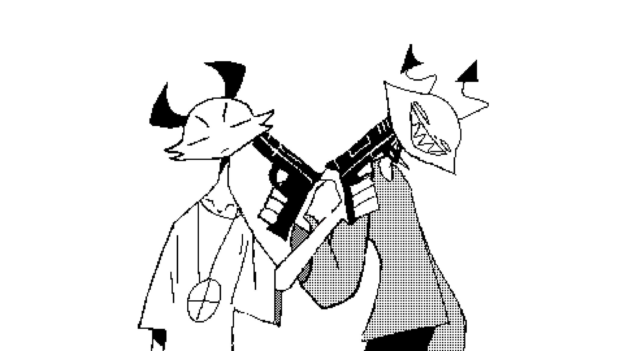 Two creatures hold guns to each other's heads in Mindwave. - 1