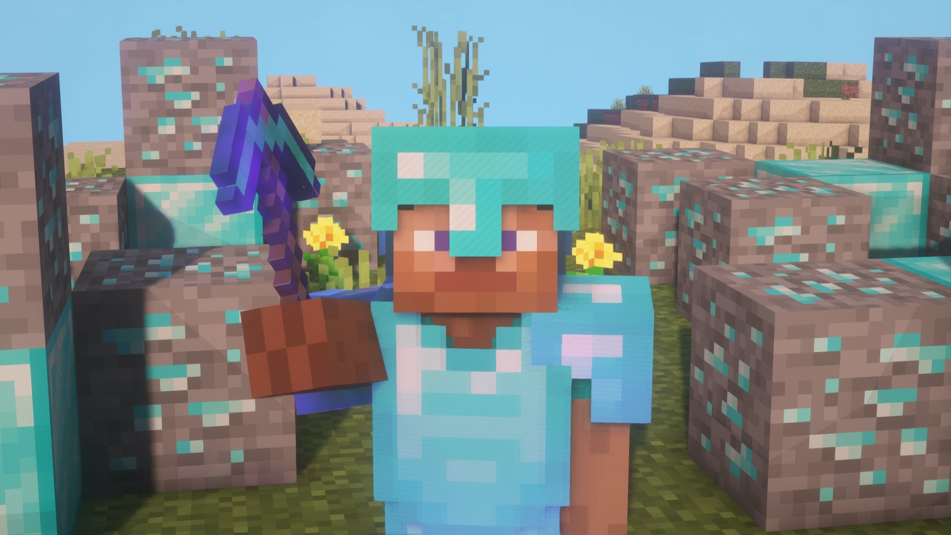 A Minecraft screenshot of a player clad in full enchanted Diamond Armor, surrounded by Diamond Ore and Diamond Blocks. - 1