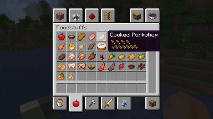 A Minecraft player in Creative Mode hovers over a cooked porkchop in their inventory, and sees detailed hunger stats thanks to the Appleskin mod.