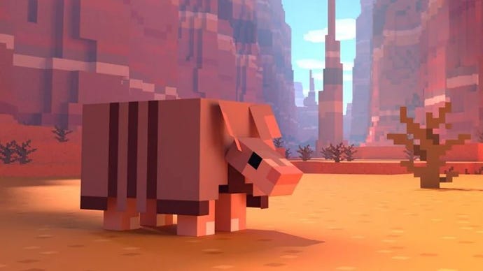 An armadillo relaxes in the badlands of Minecraft