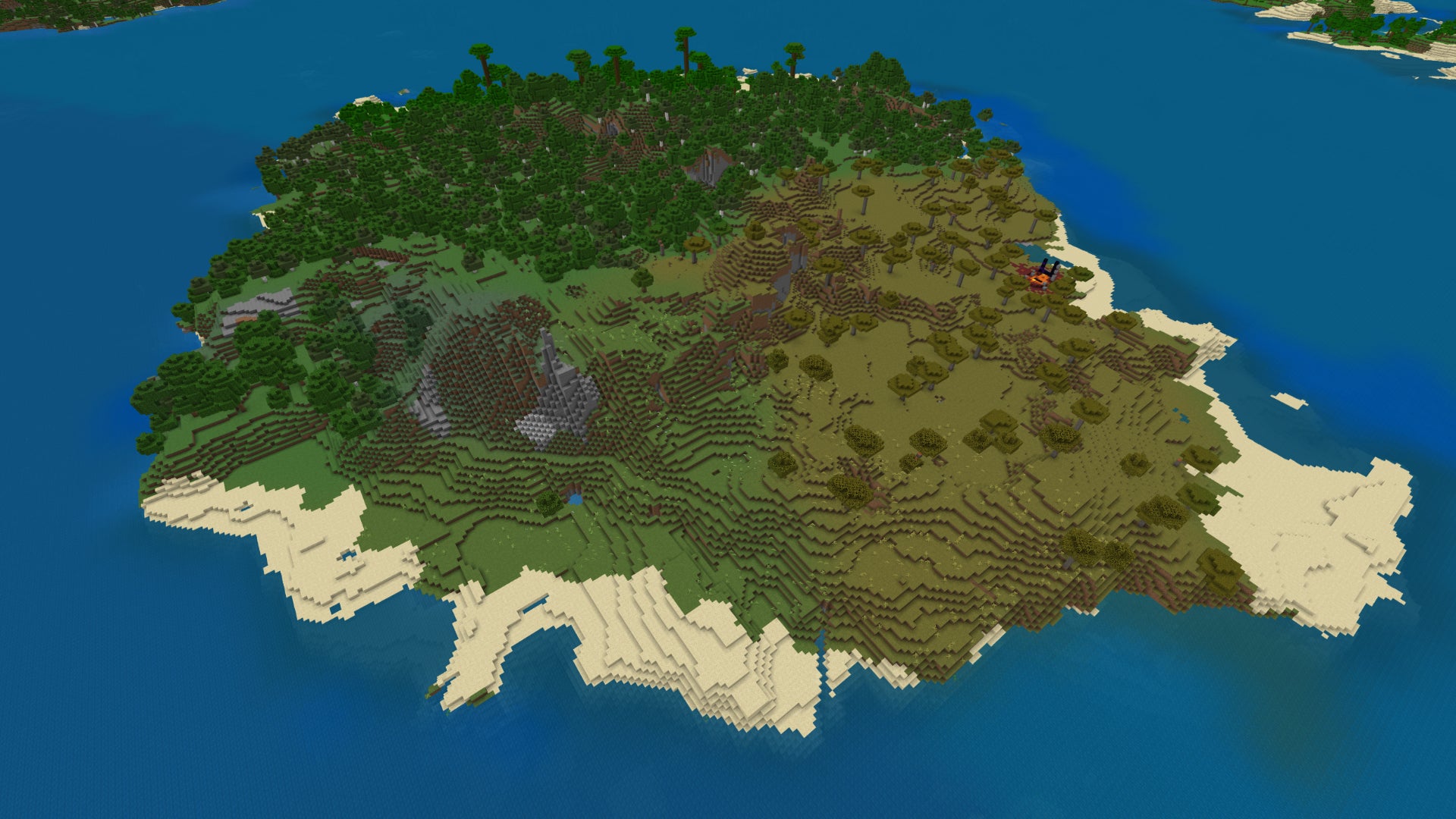 Screenshot of a large island surrounded by ocean in a Minecraft Bedrock world. - 18