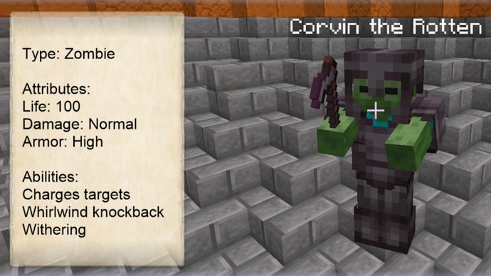 Brutal Bosses moduyla Minecraft'a eklenen zombi patronu Corvin The Rotten.