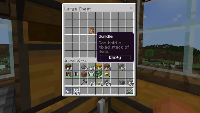 A Minecraft screenshot showing the new bundle item in the Bundles Of Bravery update.