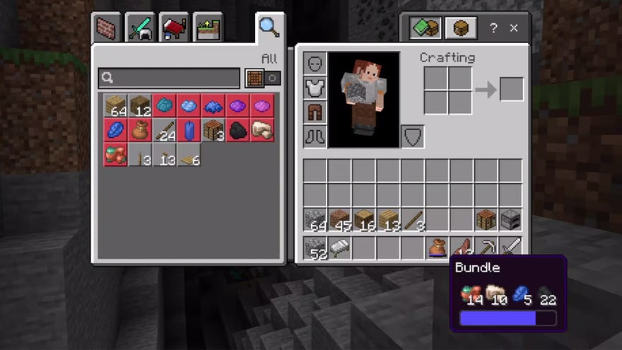 Minecraft screenshot showing the new Bundles item as per the Bundles Of Bravery update.