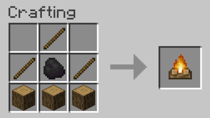 The recipe for creating a Campfire in Minecraft.