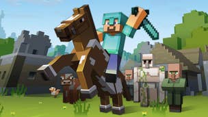 Steve is wearing diamond armour while riding a horse in Minecraft.