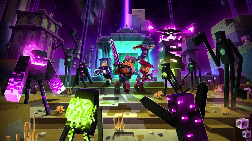 Minecraft Dungeons Echoing Void DLC - Three players in armor and wielding weapons come through an End portal surrounded by Endermen.
