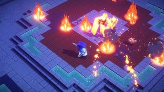 A screenshot of Minecraft Dungeons' Luminous Night update showing the new Wildfire mob in an arena that's increasingly on fire.