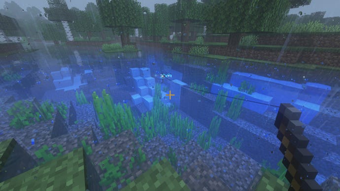 A Minecraft player fishes in the rain.