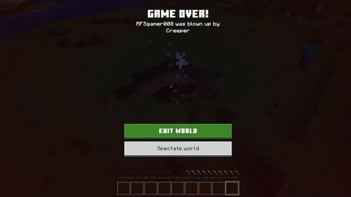 Minecraft screenshot showing a ‘game over’ screen for hardcore mode.