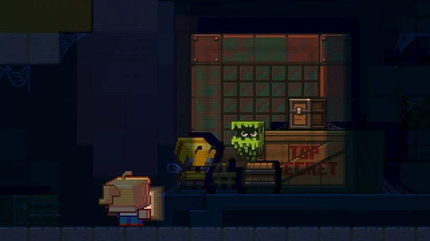 An animated Minecraft teaser video - Inside a dark cave, a player points a flashlight towards a flying green leafy creature with eyes that appears to be angry.