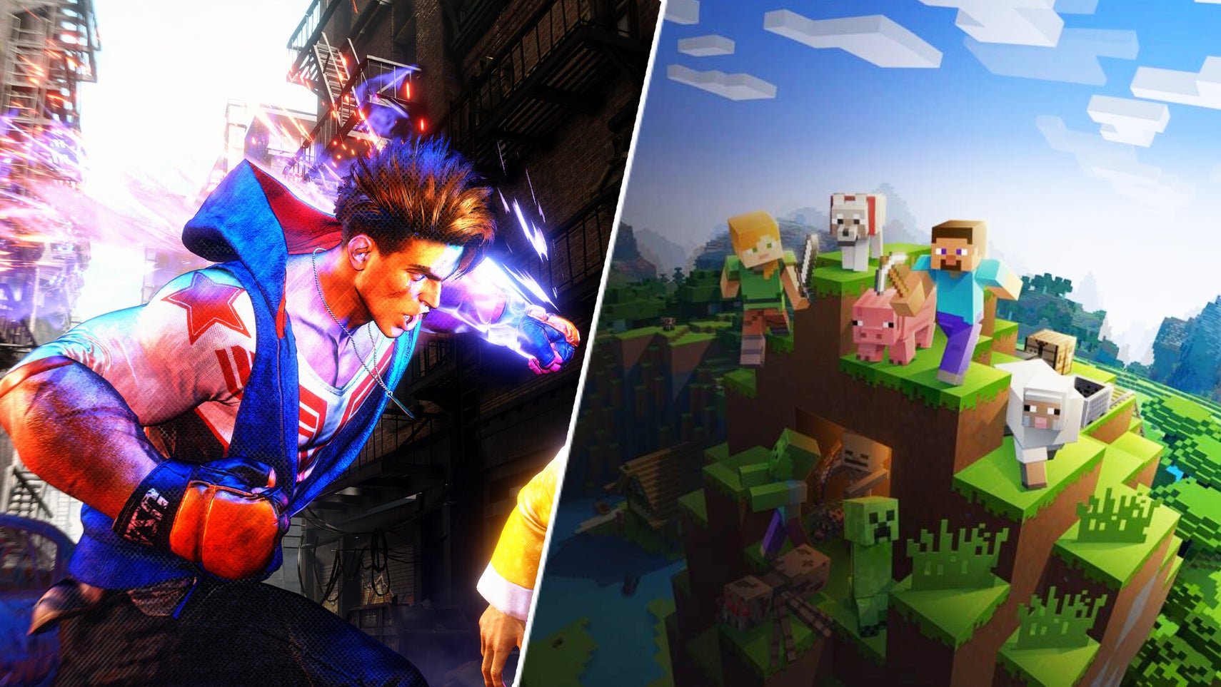 Luke from Street Fighter 6 throwing a punch towards a bunch of Minecraft characters and creatures. - 1