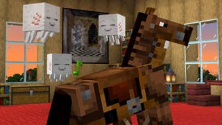 A Minecraft horse wearing a saddle superimposed into a room filled with beaming ghasts.
