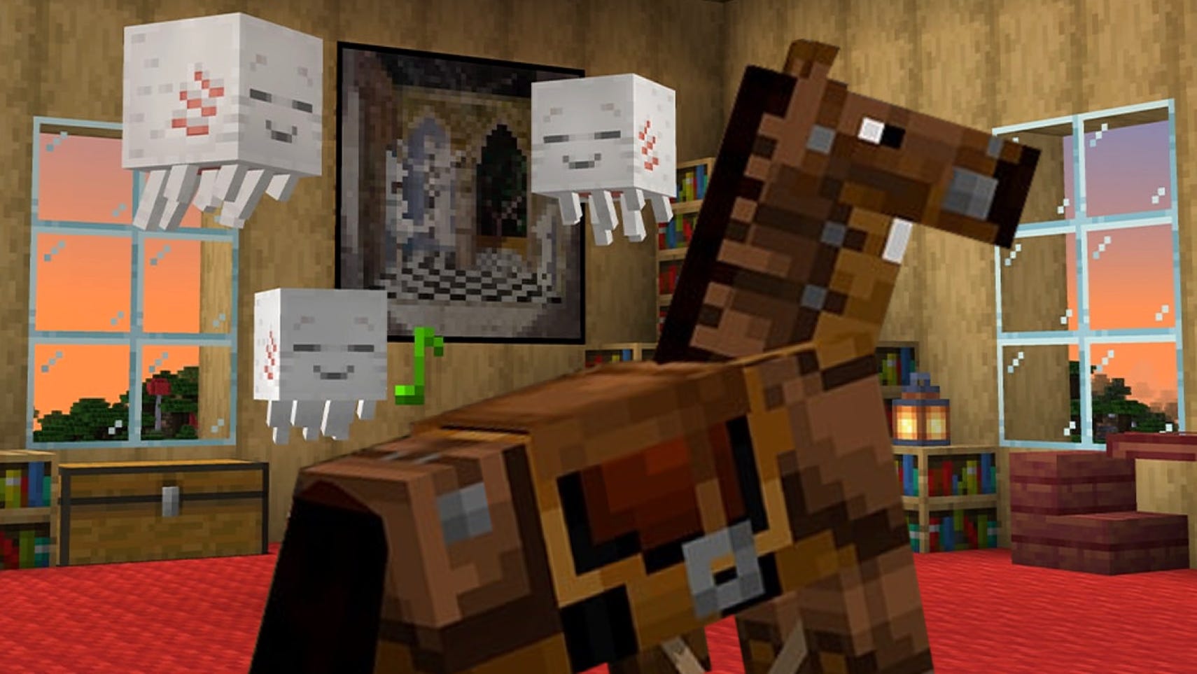A Minecraft horse wearing a saddle superimposed into a room filled with beaming ghasts.