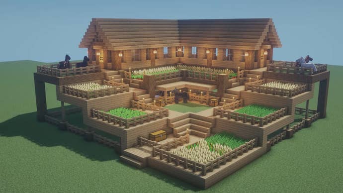 A wooden farmhouse in Minecraft, built by YouTuber “JUNS MAB Architecture Tutorial”.