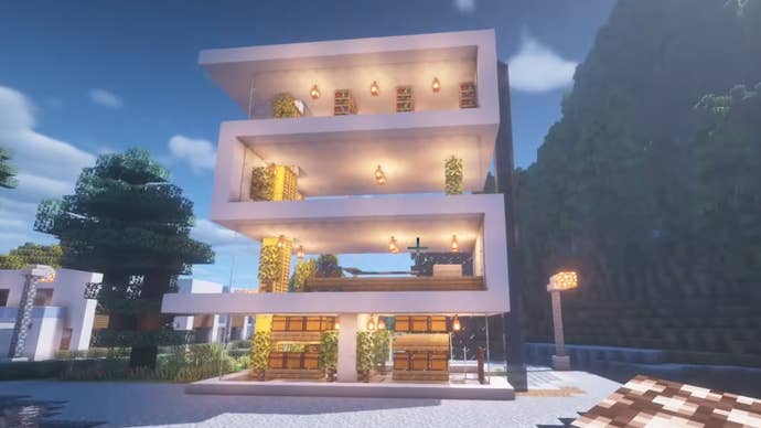 A multistorey modern house in Minecraft, built by YouTuber “JUNS MAB Architecture Tutorial”.