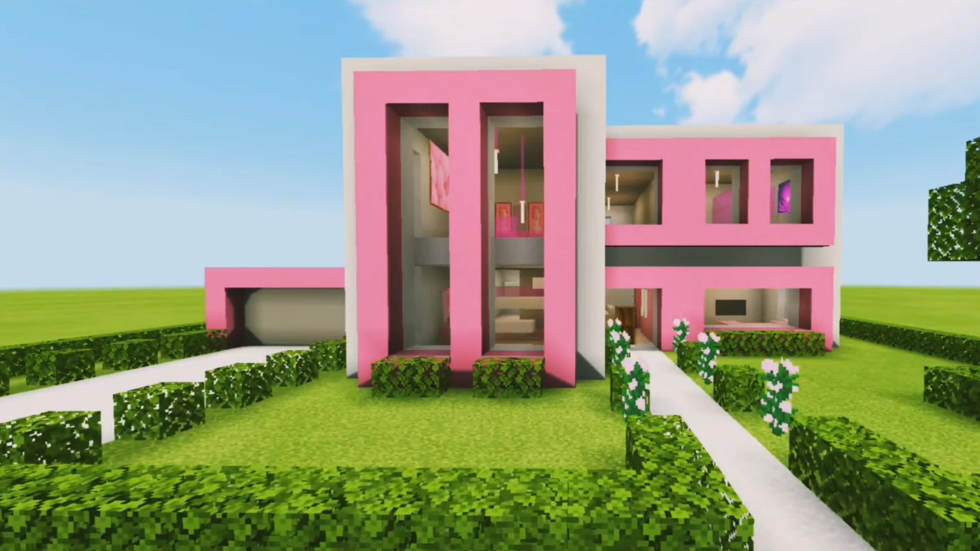 A pink modern house in Minecraft, built by YouTuber Kam The Builder. - 30
