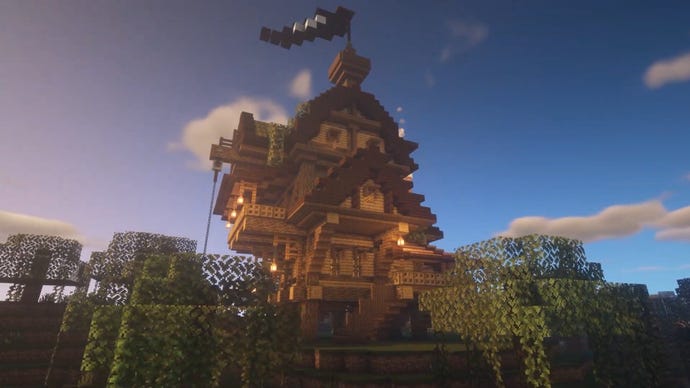 A pirate ship-inspired house in Minecraft, built by YouTuber DiddiHD.