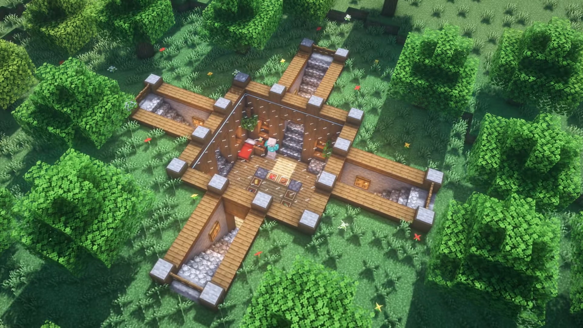 The top of an underground house in Minecraft arranged in the shape of a plus sign, built by YouTuber Folli. - 45