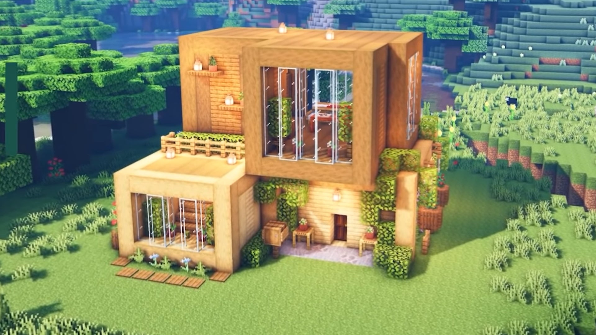 A two-story wooden house in Minecraft, built by YouTuber SheepGG. - 27