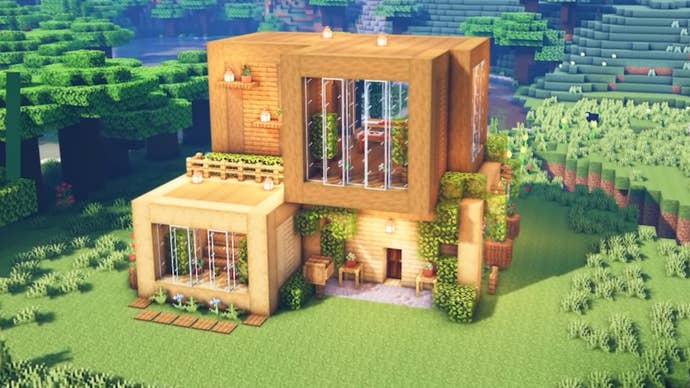 A two-story wooden house in Minecraft, built by YouTuber SheepGG.