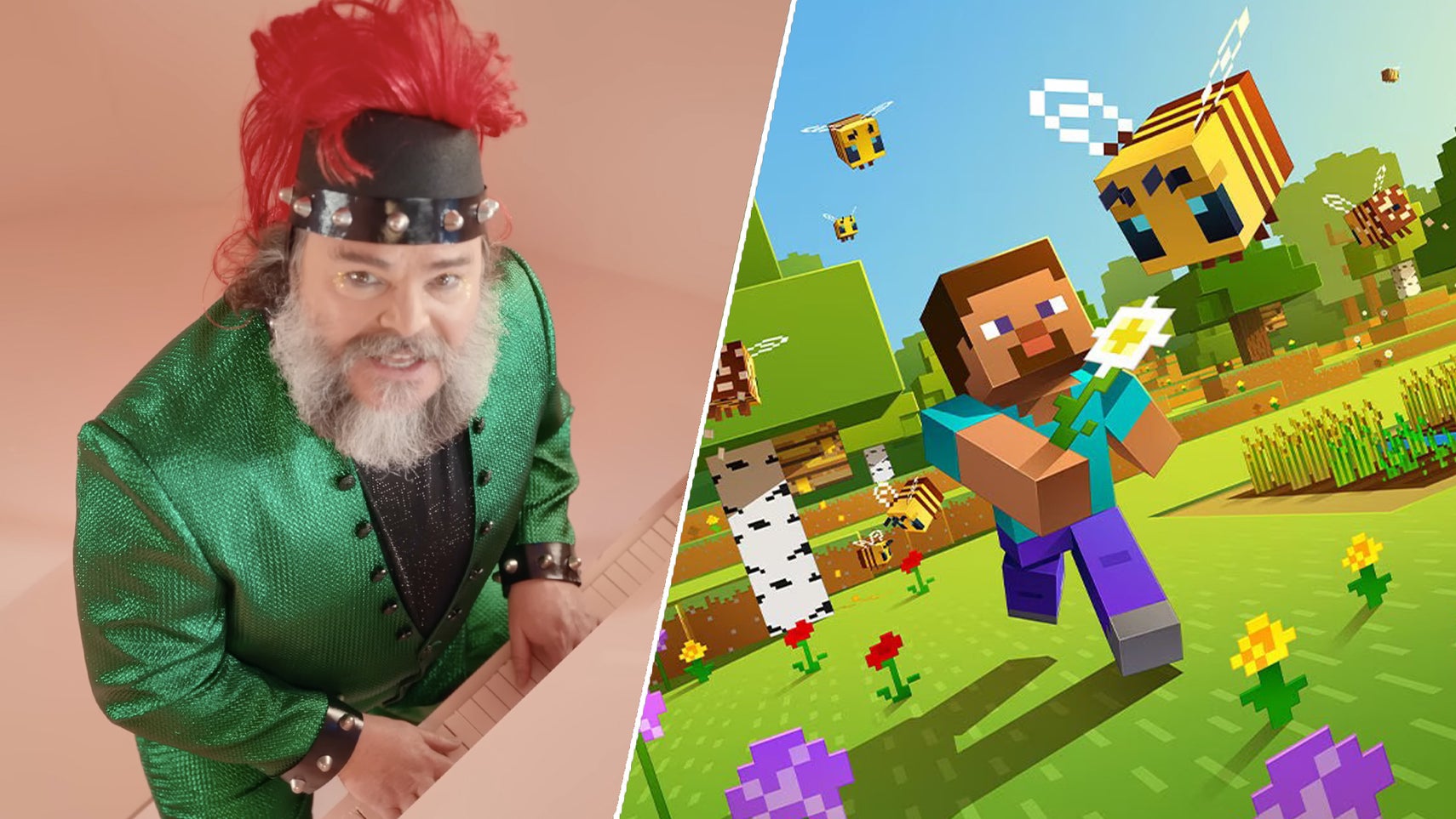 On the left, Jack Black dressed up in a suit that resembles Bowser from Mario, sat at a peach-coloured piano. On the right, Minecraft Steve runningtowards a bee while holding a flower. - 1
