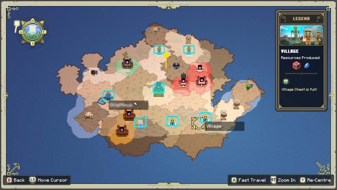 A view of the campaign map in Minecraft Legends, showing various biomes, villages, and piglin outposts as well as the player’s location.