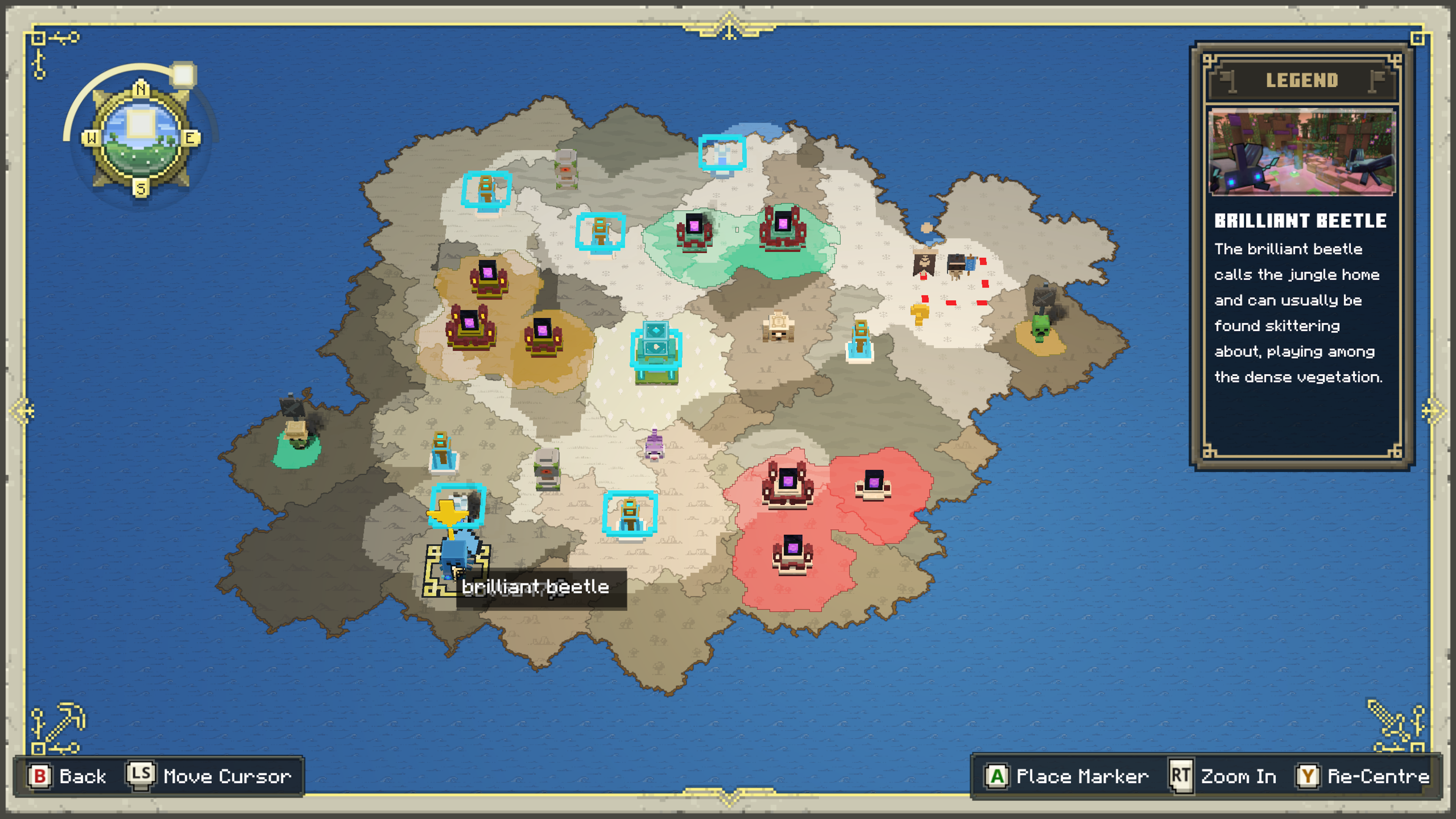 A map screen showing the location of Brilliant Beetles in Minecraft Legends