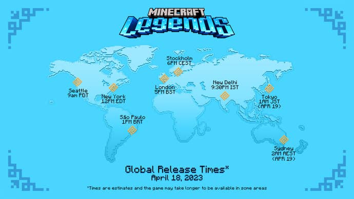 A map of the world with the release time of Minecraft Legends marked on various timezones.